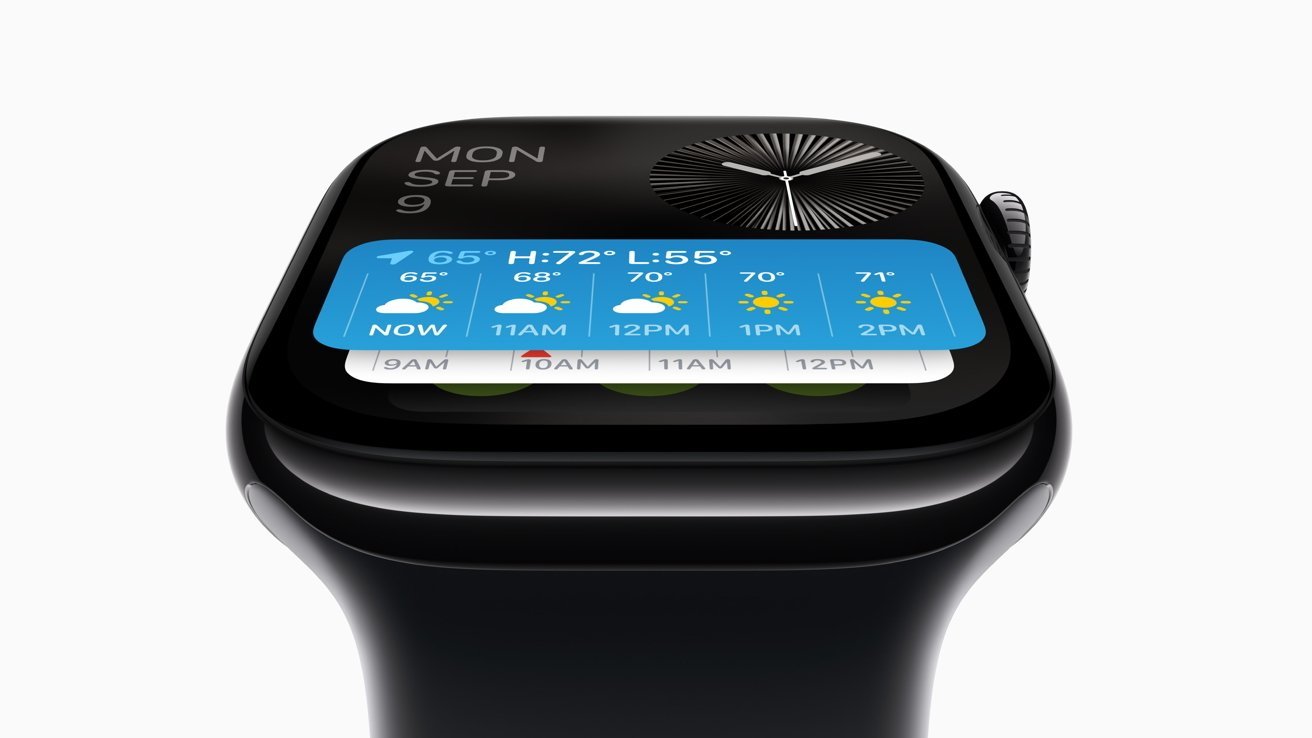 Black smartwatch displaying weather forecast with temperatures and hourly icons for sunny and cloudy conditions. The date and time are shown at the top left.