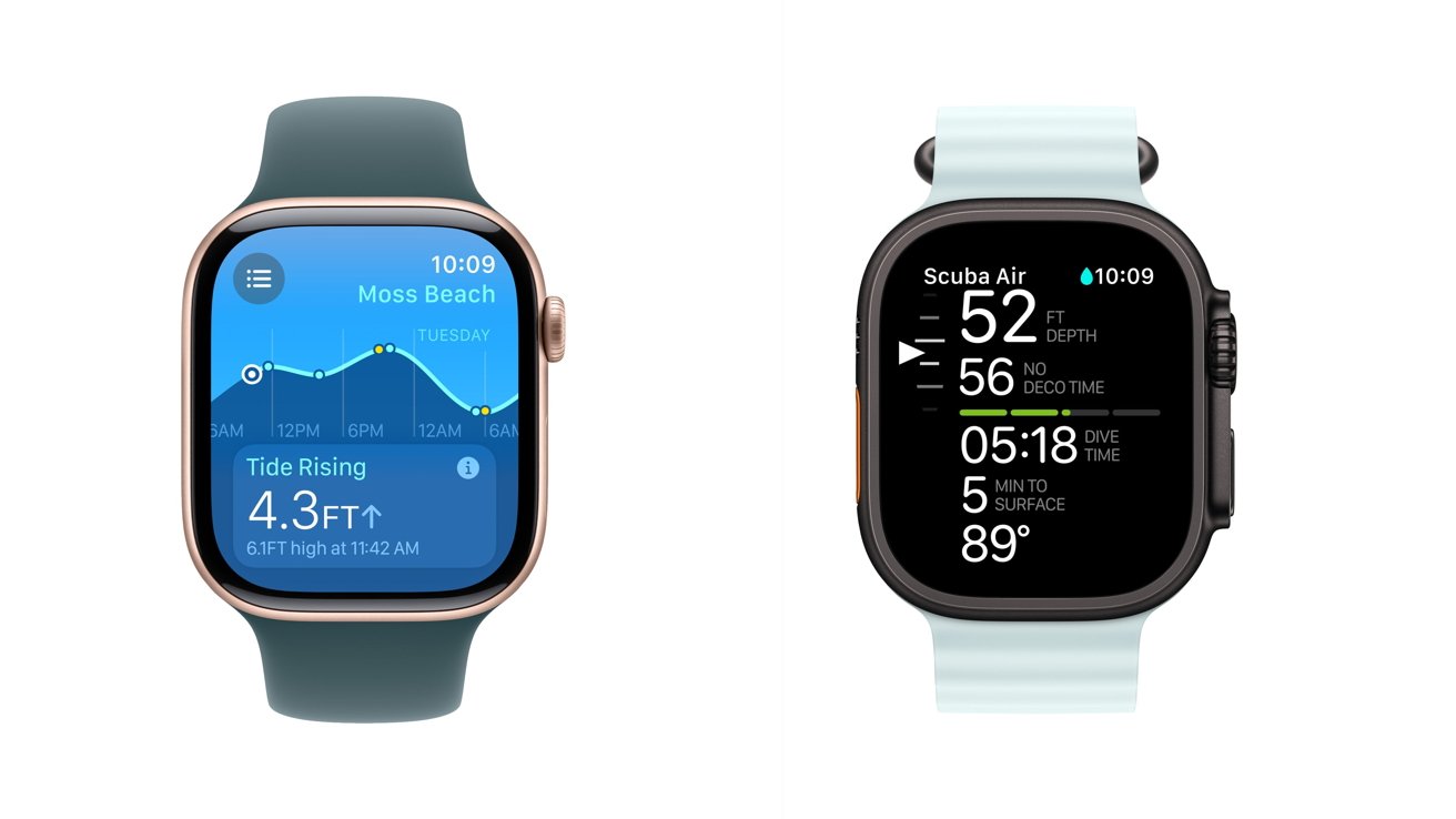Two smartwatches displaying different screens: one showing tide information, and the other presenting scuba diving data including depth, no deco time, dive time, and surface time.