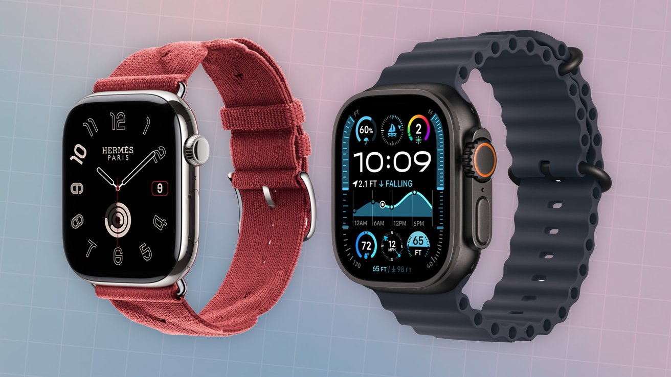 Two smartwatches: one with a red fabric band displaying an analog face, and another with a black rubber band showing a digital face and various stats.
