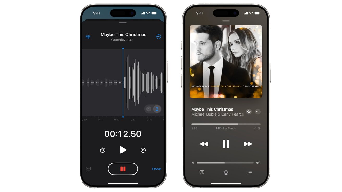 Two smartphones displaying audio editing software and music player, featuring the song 'Maybe This Christmas' by Michael Buble and Carly Pearce.