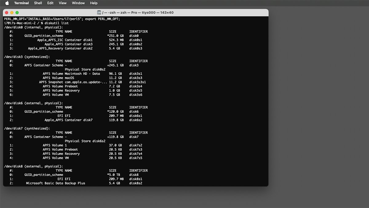 Terminal's diskutil command in macOS which allows you to view storage device info.