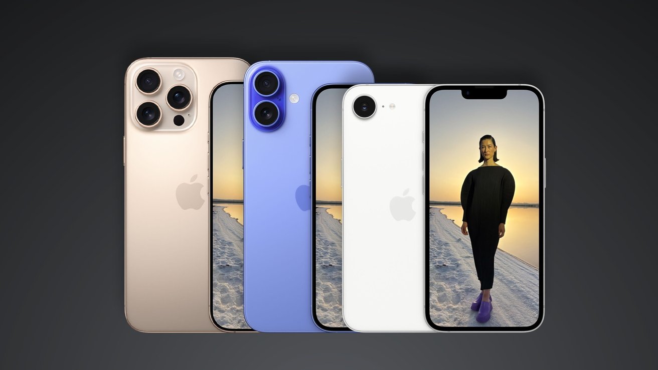 iPhone 16 lineup in gold, blue, white, and black, with varying camera designs, display a portrait of a person standing on a snowy path near a serene lake.