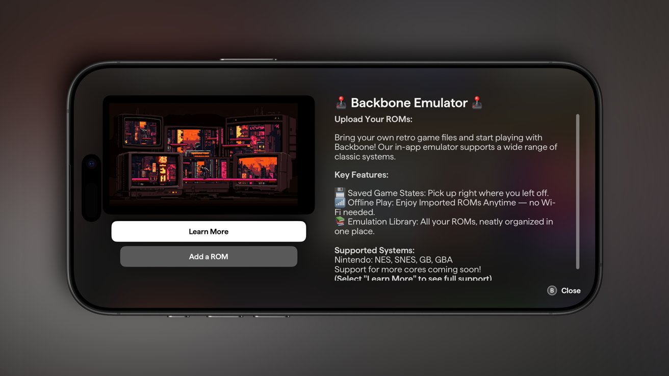 Smartphone screen displaying a Backbone Emulator app with retro game graphics, information about uploading ROMs and key features, and buttons for 'Learn More' and 'Add a ROM.'
