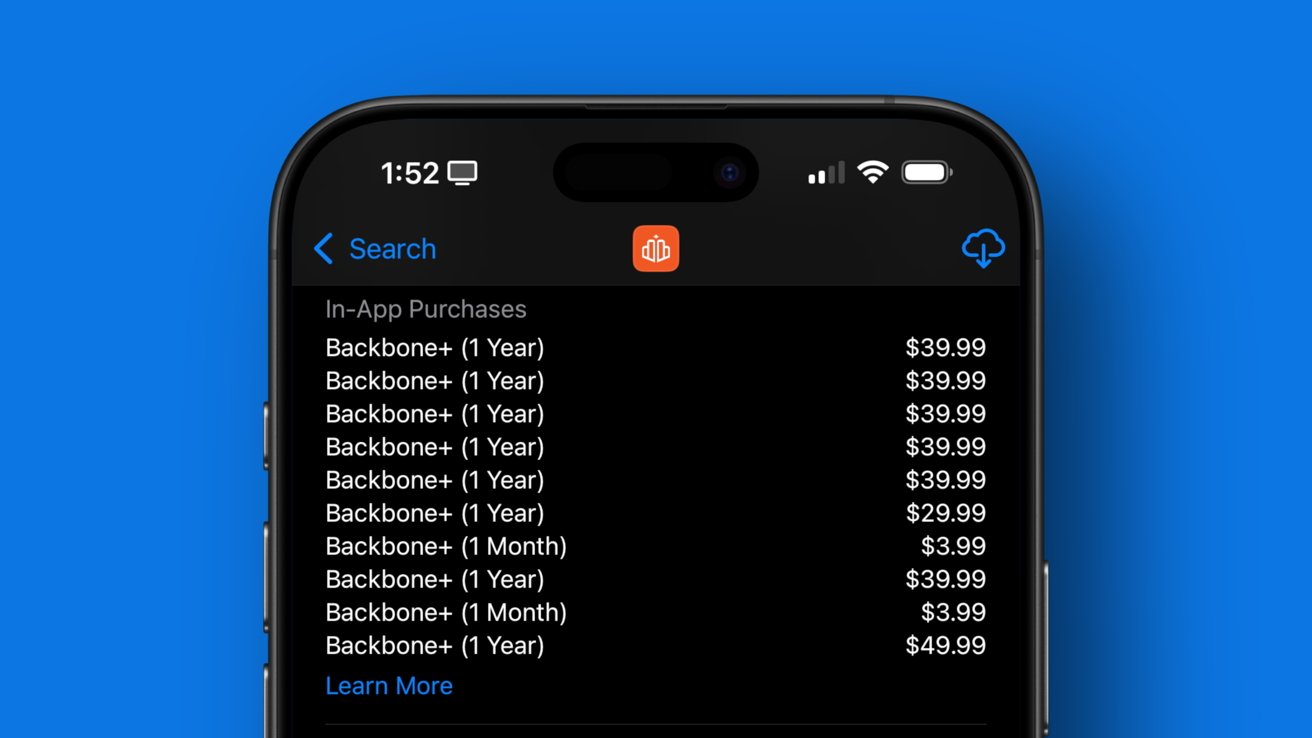 Smartphone screen showing Backbone+ subscriptions with prices, ranging from one month at $2.99 to one year at $49.99, against a blue background.