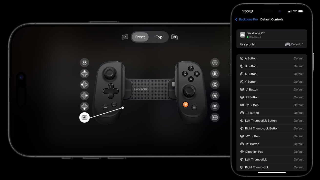Mobile screen showing a gaming controller interface with button labels. Another screen displays a list of controller button mappings with default settings.