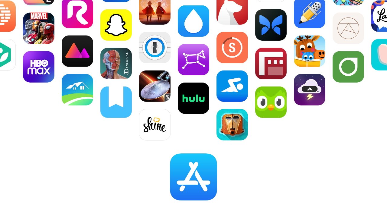 Various colorful app icons, including Hulu, Snapchat, and Duolingo, arranged in an inverted triangle around a large blue icon resembling the Apple App Store logo.