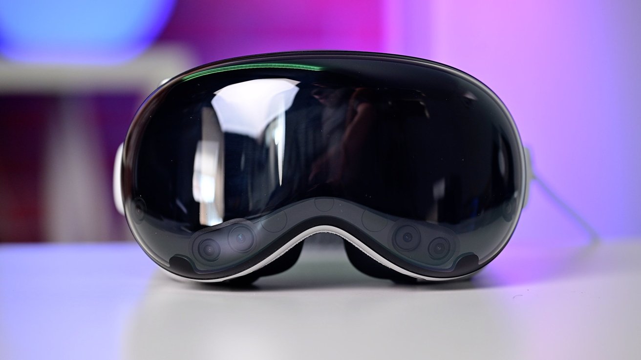 Sleek, black VR headset with reflective screen on a white table, purple background hues.