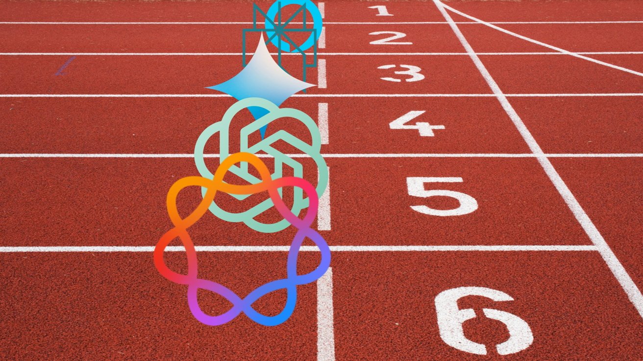 Intersecting colorful abstract shapes over red running track lanes numbered one to six.